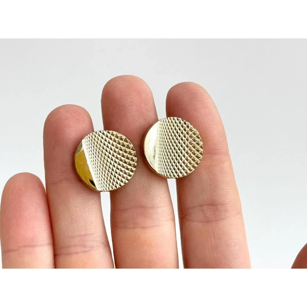 Knurled Textured 80's Style Retro Gold Toned Round Vintage Cuff Links